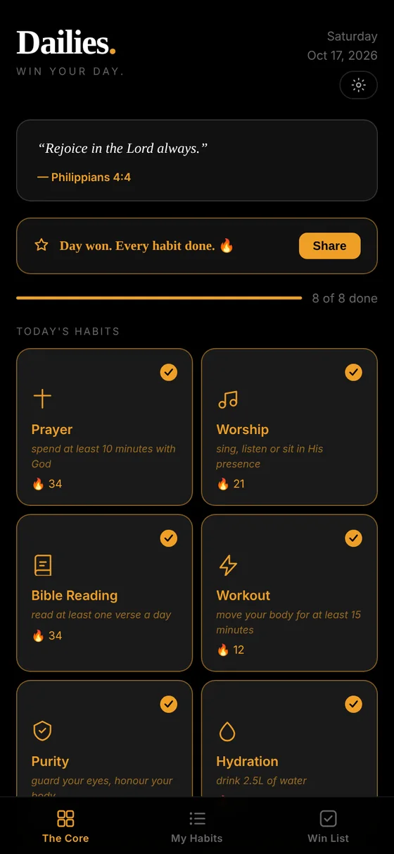 The Dailies app showing every habit done and the message Day won.