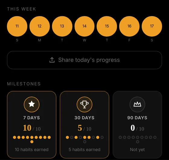 This week and 7, 30 and 90 day milestones.
